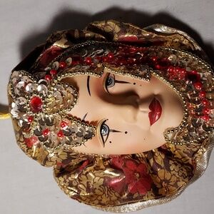 Vintage Hand Painted Carnival Face Mask With Fabric & Sequin Design